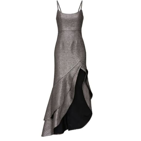 ~ Hutch Gown 6 Dress Metallic Pewter Silver Asymmetrical Ruffle Slit Formal Prom - Picture 2 of 15